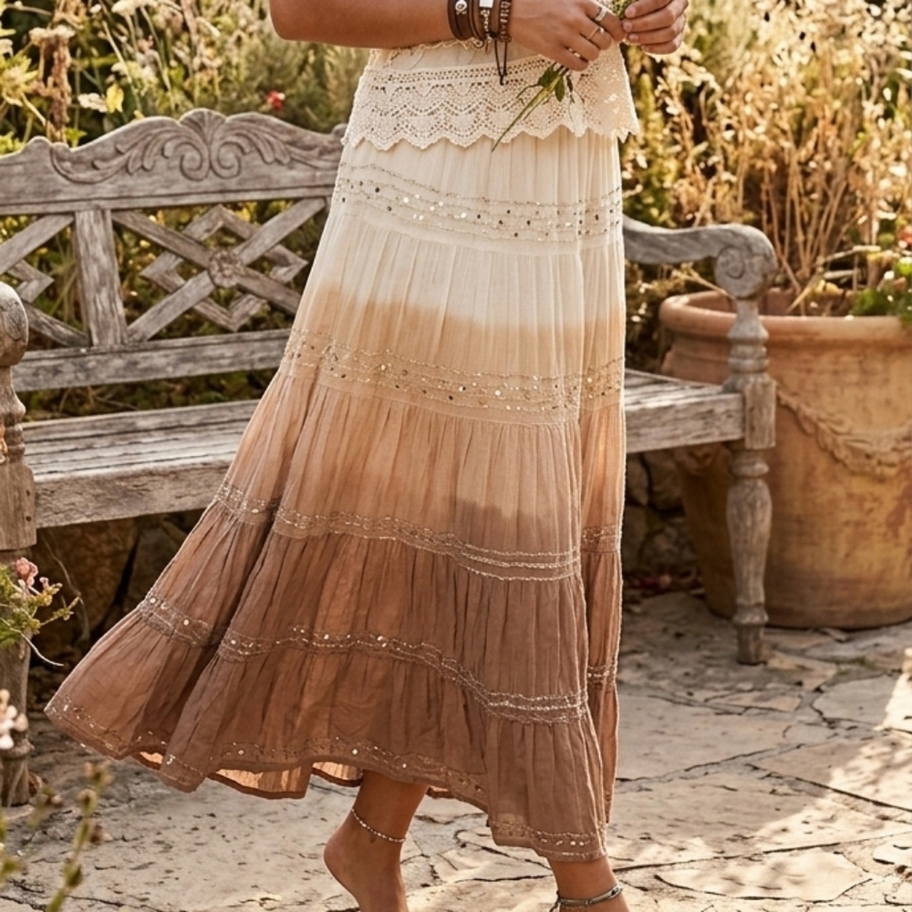 Together Ombre Tiered Maxi Skirt in Cream to Brown